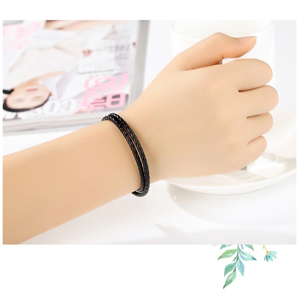 Bracelet Double Cuir Tressé Noir 36 cm Fermoir Clip Argent 925