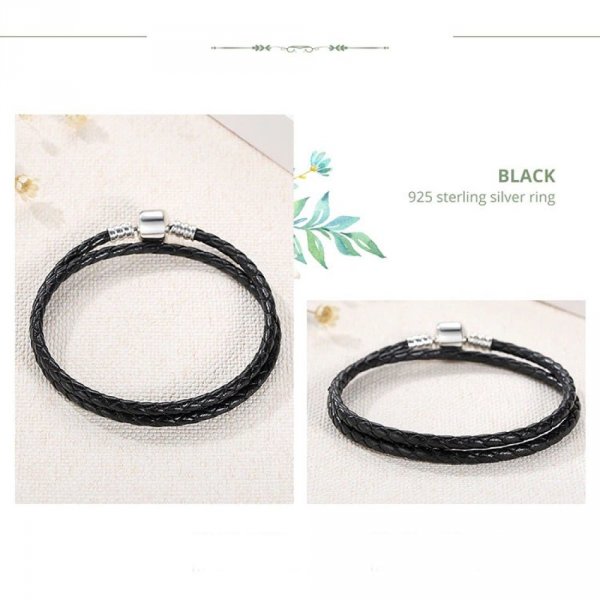 Bracelet Double Cuir Tress&eacute; Noir 38 cm Fermoir Clip Argent 925