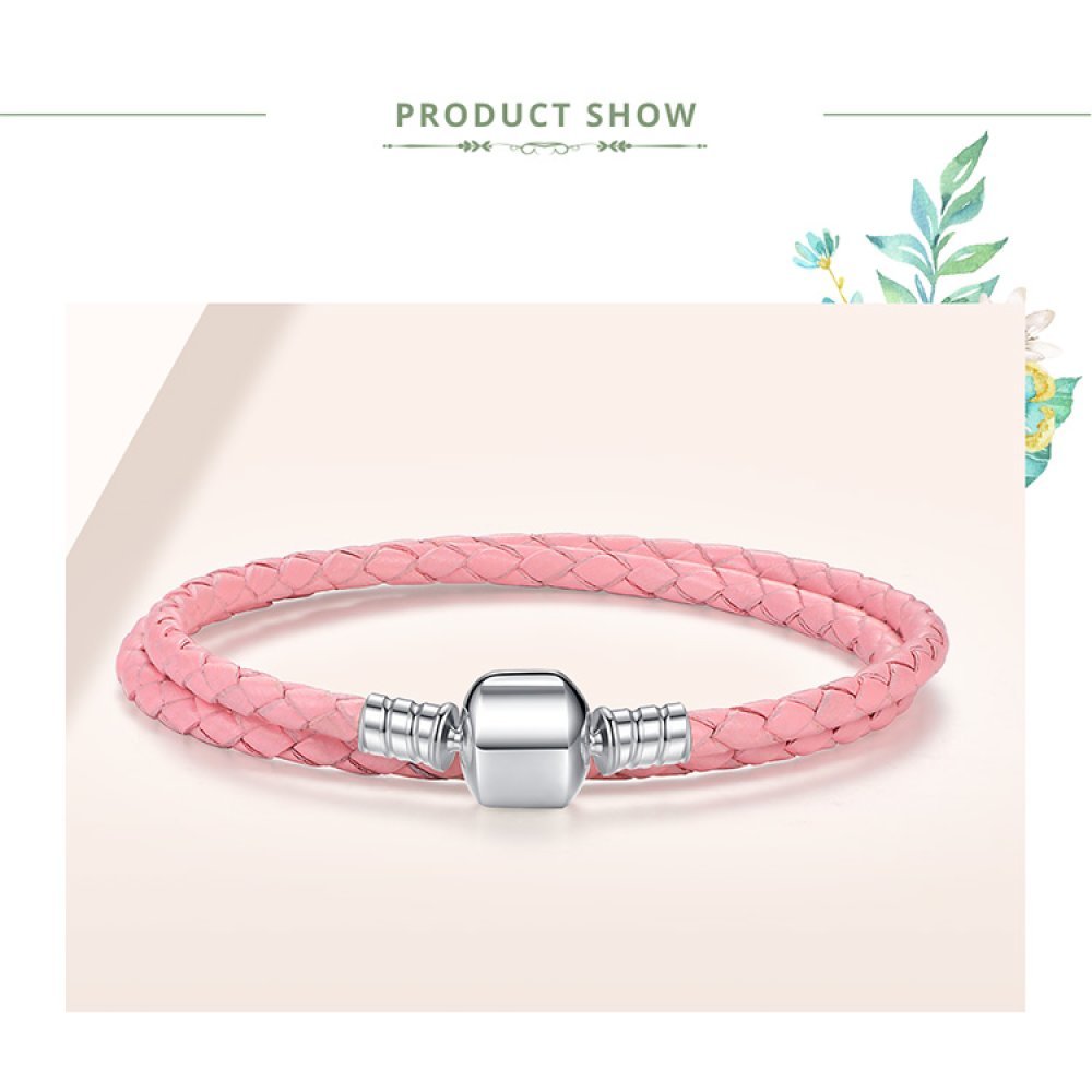 Bracelet Double Cuir Tressé Rose 38 cm Fermoir Clip Argent 925