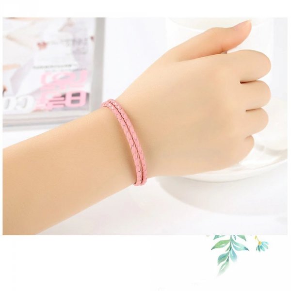 Bracelet Double Cuir Tress&eacute; Rose 38 cm Fermoir Clip Argent 925