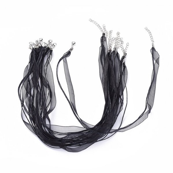 Organzaband-Halskette N&deg;04 und beschichtete Wachskordel schwarz