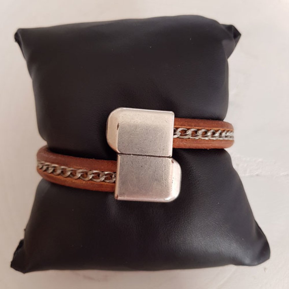 10 mm Natural Regaliz-Leder mit Silberkette pro 20 cm