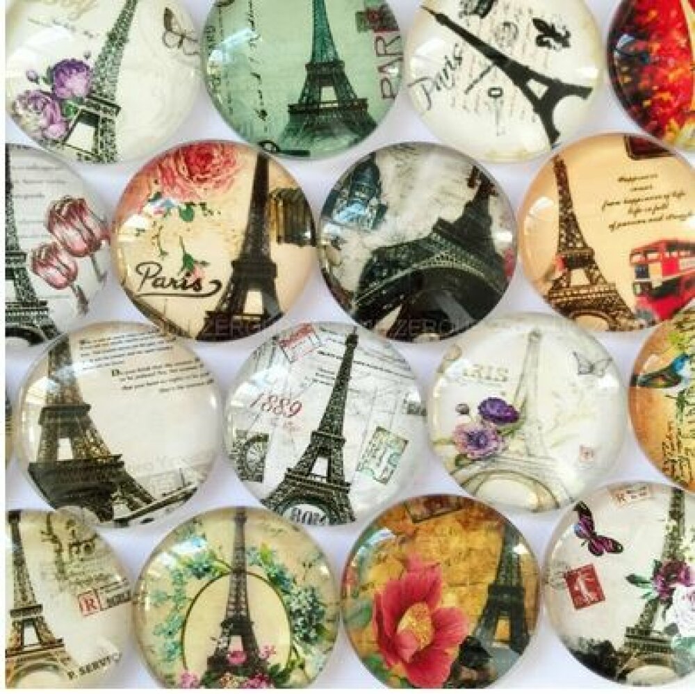 Lot 20 runde Glas-Cabochons 25mm Tour Eiffel 02 Mixed Glass Cabochon 