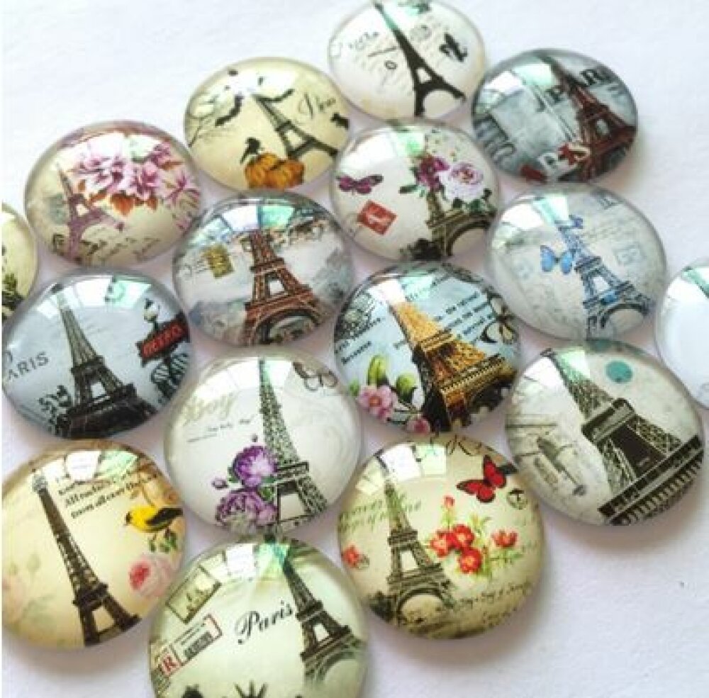 Lot 20 runde Glas-Cabochons 25mm Tour Eiffel 02 Mixed Glass Cabochon 