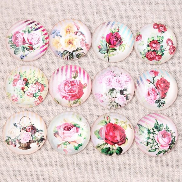 Lot 20 Glas-Cabochons rund 25 mm Blume Rose