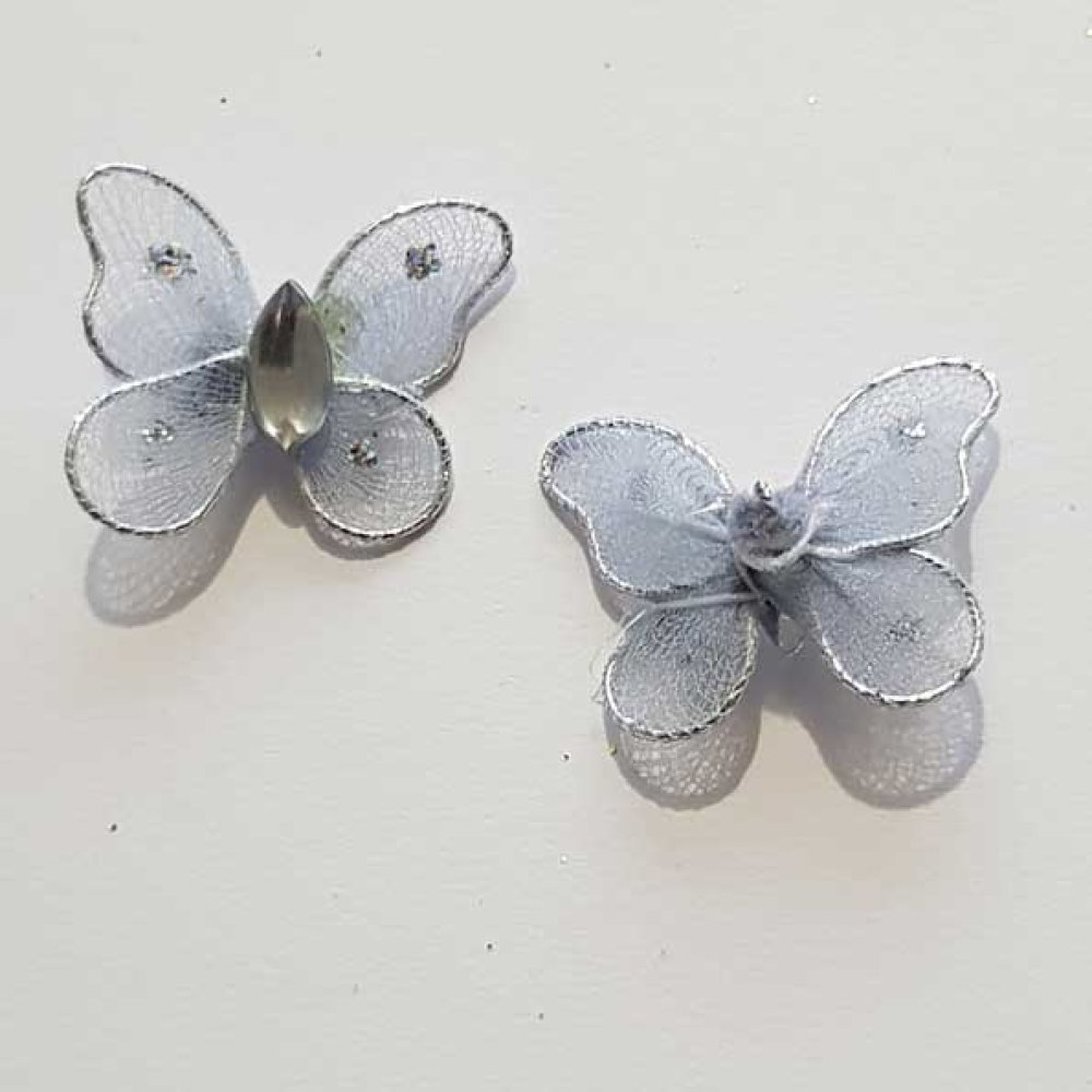 Lot de 2 Papillons Tissus et Strass Gris Clair