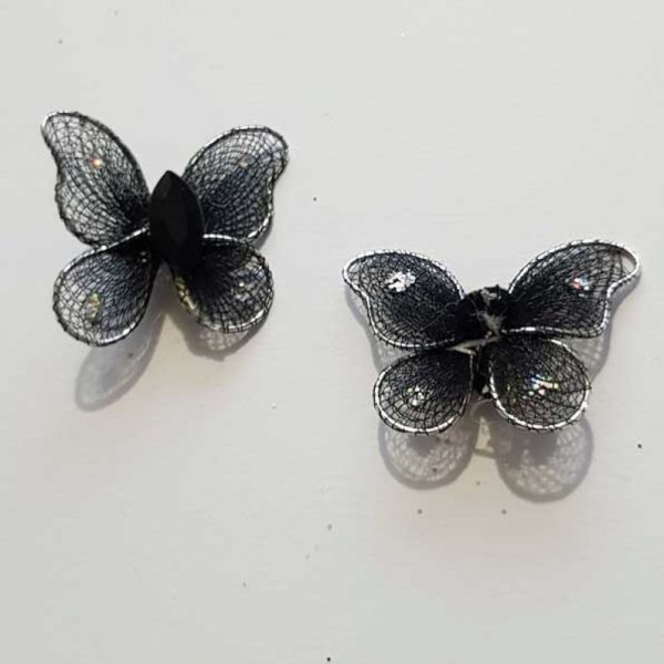 Lot de 2 Papillons Tissus et Strass Noir