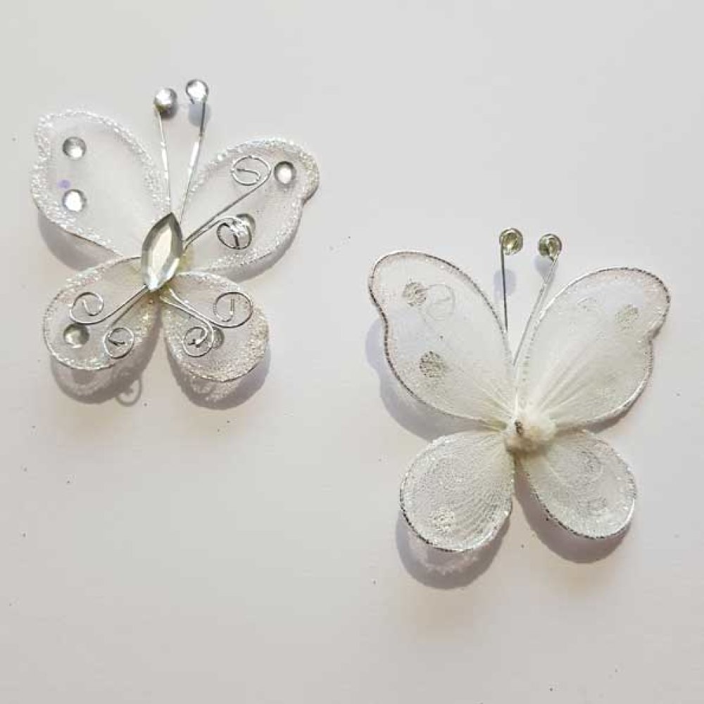 Lot de 2 Papillons Tissus et Strass Blanc