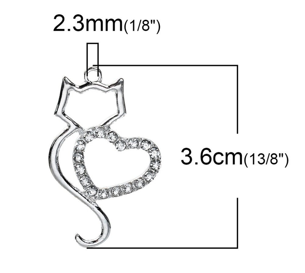 Lot de 3 Breloque Chat N°06 aus Zinklegierung Katze Herz Silber Strass Transparent 36 mm x 22 mm