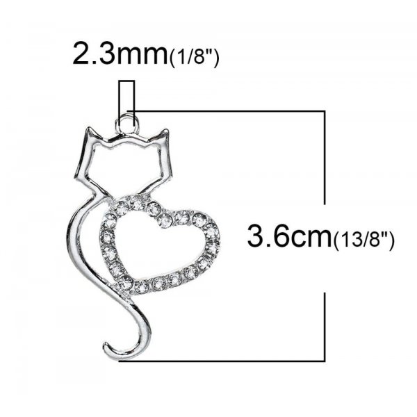 Lot de 3 Breloque Chat N&deg;06 aus Zinklegierung Katze Herz Silber Strass Transparent 36 mm x 22 mm