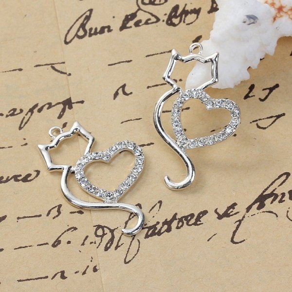 Lot de 3 Breloque Chat N&deg;06 aus Zinklegierung Katze Herz Silber Strass Transparent 36 mm x 22 mm