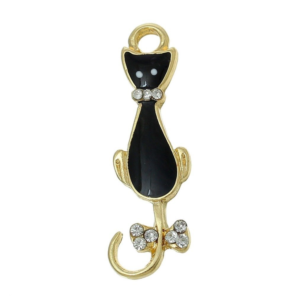 5er-Set Katzen Charm Nr. 08 Katze Schwarz vergoldet Schmetterlingsknoten mit Strass Transparent Email 36 mm x 11 mm