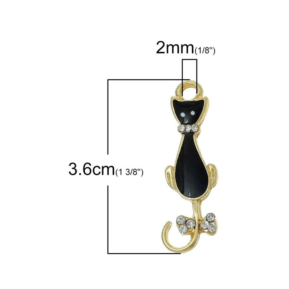 5er-Set Katzen Charm Nr. 08 Katze Schwarz vergoldet Schmetterlingsknoten mit Strass Transparent Email 36 mm x 11 mm