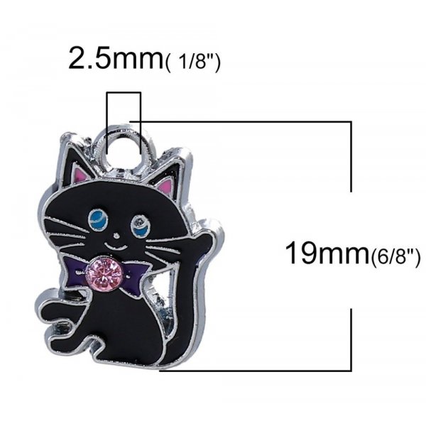 Lot de 5 Charms Katze N&deg;07 aus Zinklegierung Katze Silber Strass Email 19 mm x 14 mm