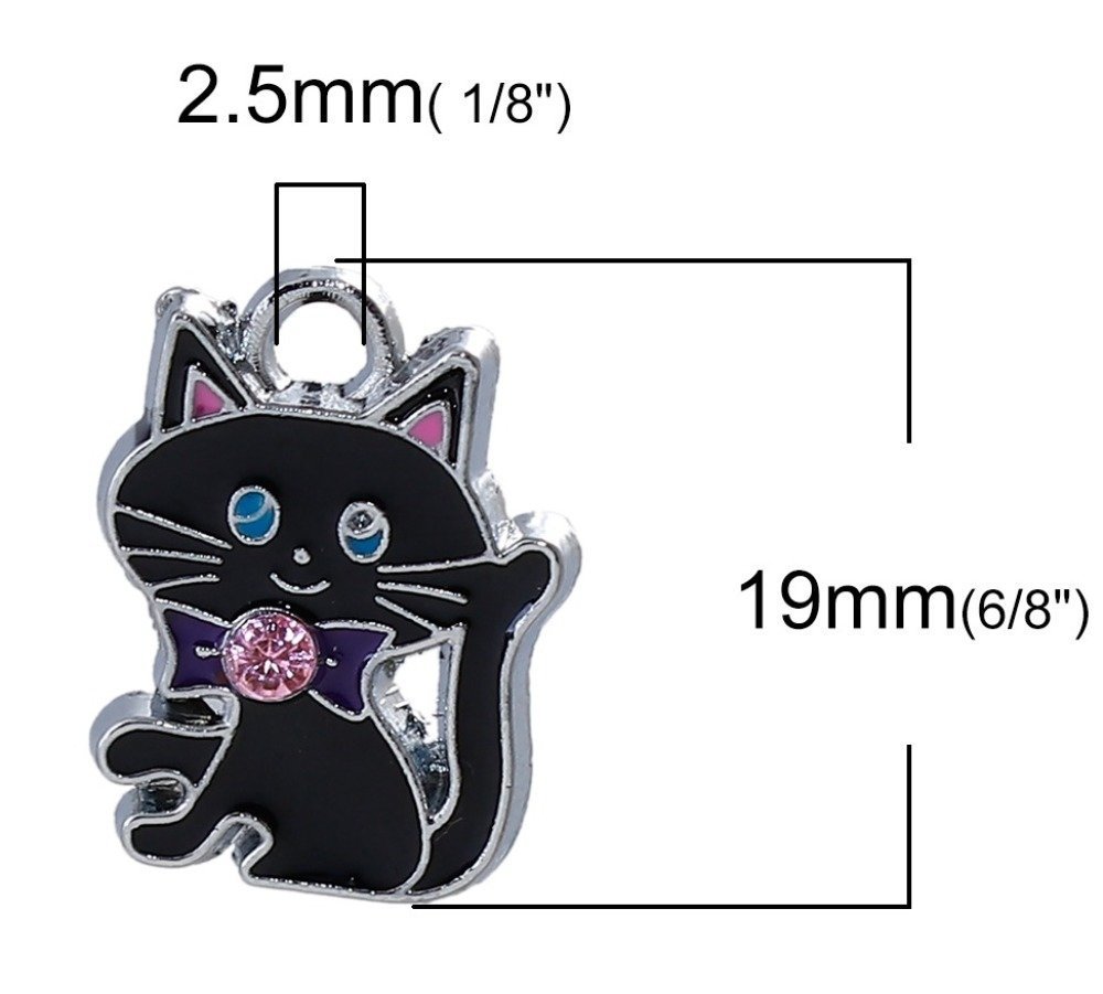 Lot de 5 Charms Katze N°07 aus Zinklegierung Katze Silber Strass Email 19 mm x 14 mm