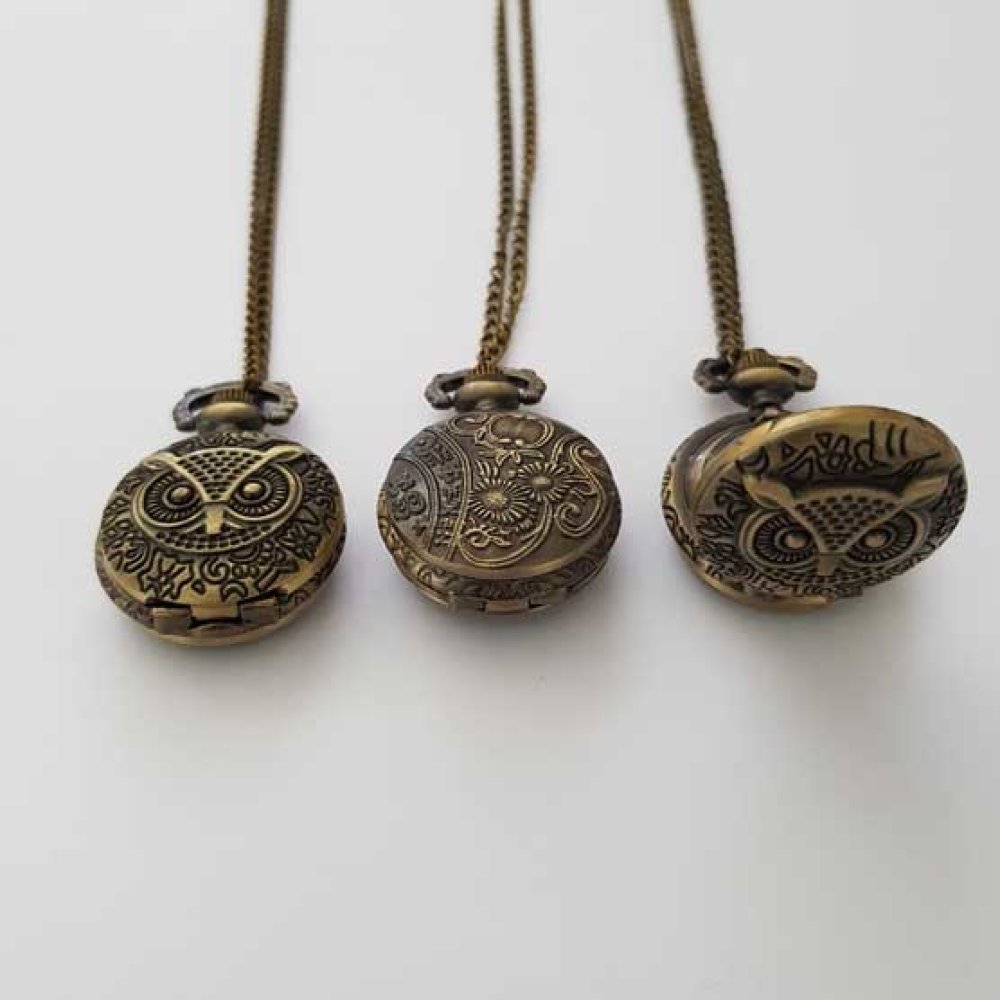 Zwickeluhr Eule Bronze Antik mit Kette