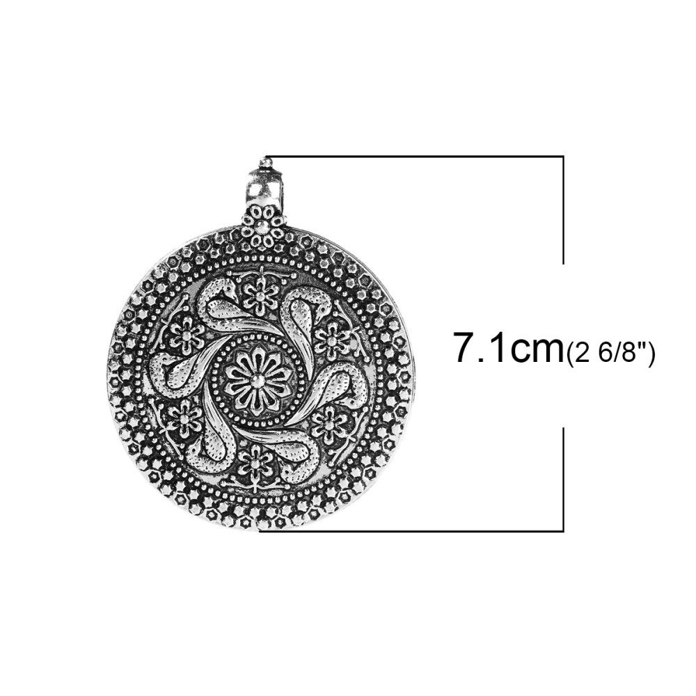 Anhänger N°000 Bohemian Style Legierung Rund Blume Altsilber 71mm x 59mm