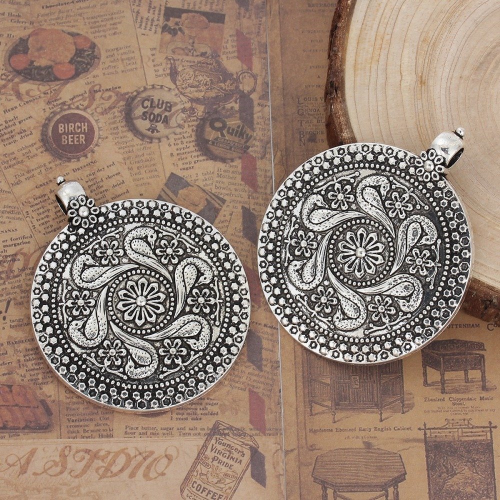 Anhänger N°000 Bohemian Style Legierung Rund Blume Altsilber 71mm x 59mm
