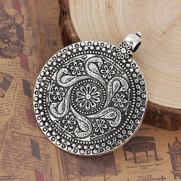 Anh&auml;nger N&deg;000 Bohemian Style Legierung Rund Blume Altsilber 71mm x 59mm