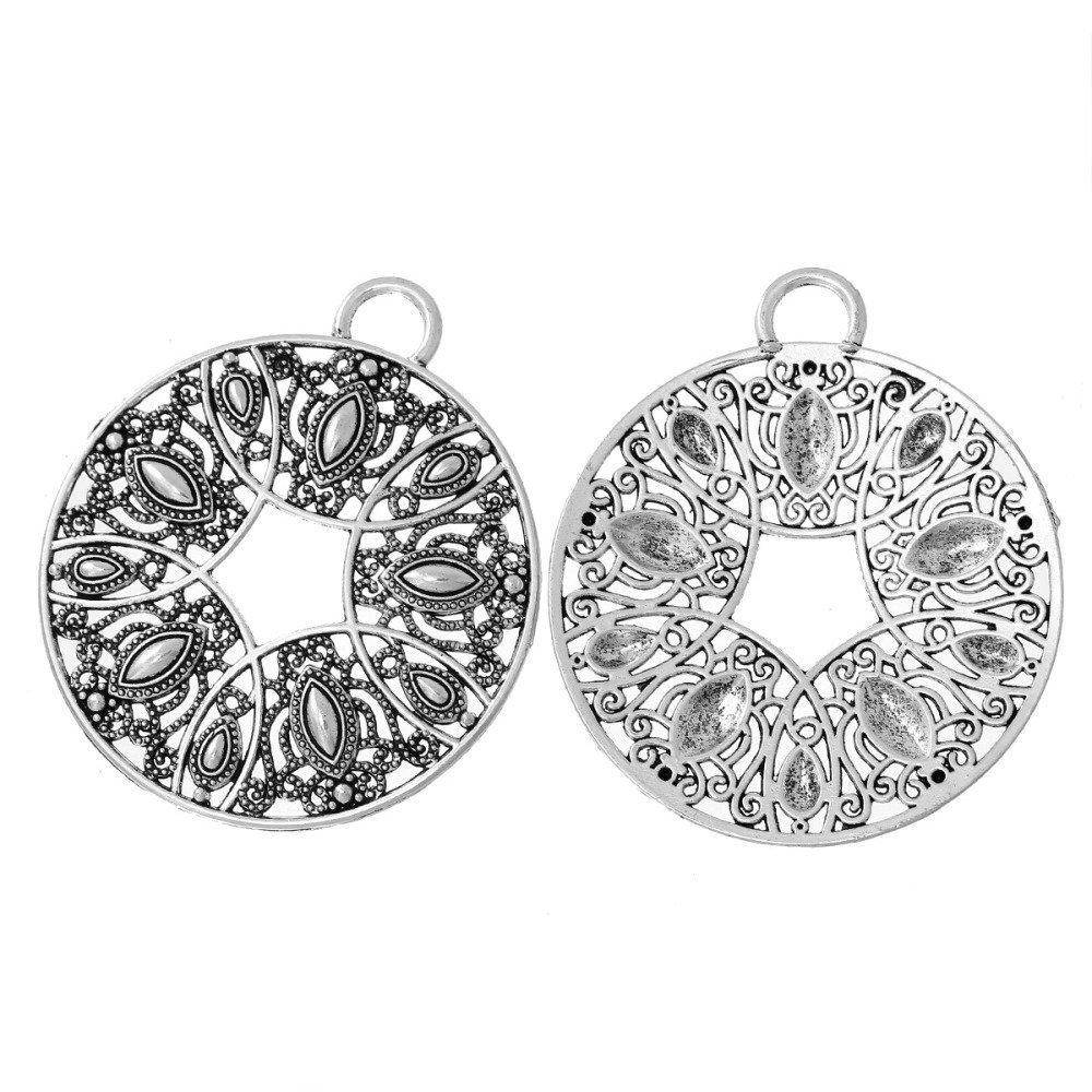 Anhänger N°000 aus Legierung Rund Blume Hohl Antiksilber 73 mm x 64 mm