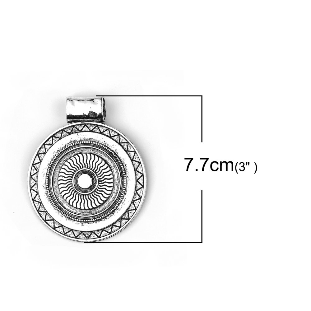 Pendentif N°001-B en Alliage Rond Fleur Creux Argent Vieilli 77 mm x 64 mm