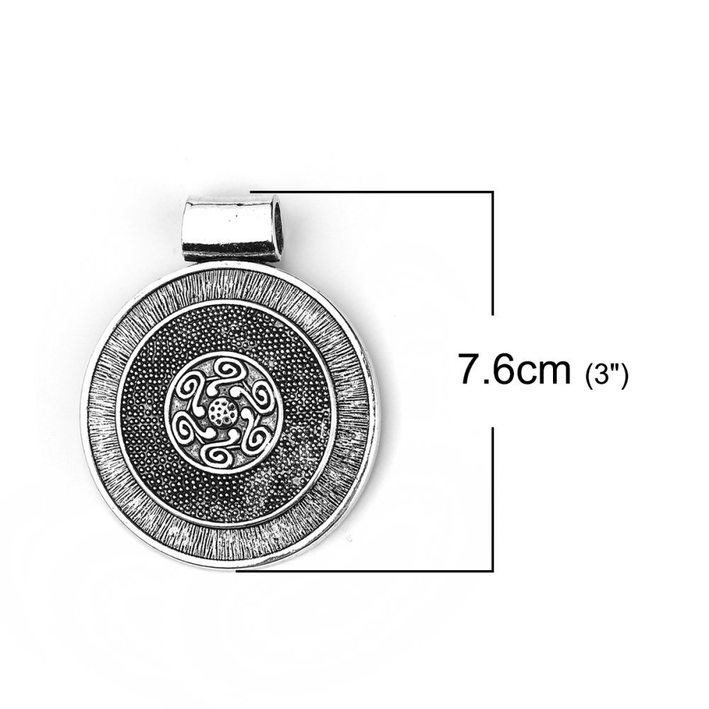 Pendentif N°001-C en Alliage Rond Fleur Creux Argent Vieilli 76 mm x 62 mm