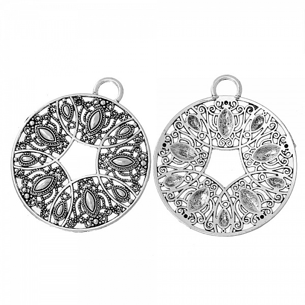 Pendentif N&deg;02 en Alliage Rond Fleur Creux Argent Vieilli 73 mm x 64 mm