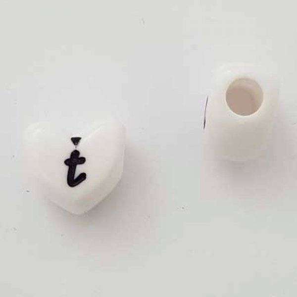 Perle C&oelig;ur Lettre T Blanc Noir 11mm