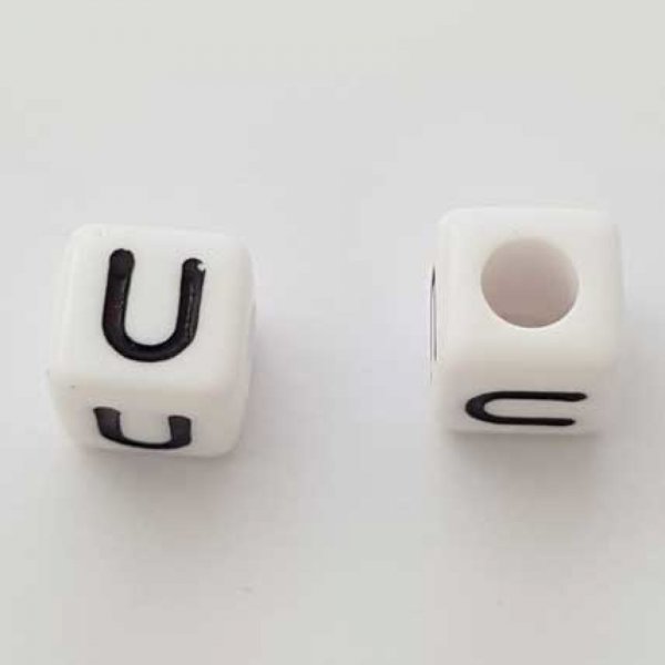 Perle Carr&eacute; Lettre U Blanc Noir 8mm