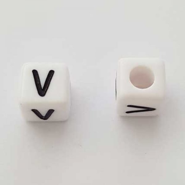 Perle Carr&eacute; Lettre V Blanc Noir 8mm
