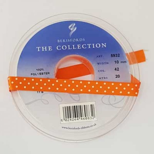 Ruban a pois orange et blanc de 10 mm au m&egrave;tre