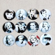 Lot 20 Glas-Cabochons rund 25 mm Marilyn- Audrey Hepburn