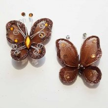 Lot de 4 Papillons Tissus et Strass Marron