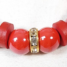 Bracelet élastique rouge, cuir et porcelaine