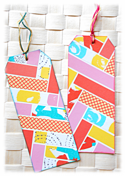 Scrap Collection de 2 signets - marque-pages assortis en r&eacute;cup de carton et couleurs rose jaune bleu vert flashy multicolore