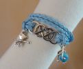 Bracelet double infini et double tour cuir tressé bleu