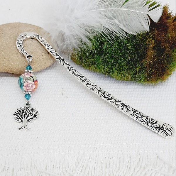 marque page argent&eacute; avec signet uni et pendentif symbole arbre de vie et une perle gris blanc