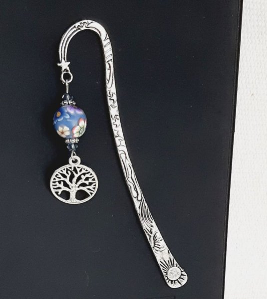 personalisierbares Lesezeichen Lebensbaum versilbert und handgefertigte Perle blau violett