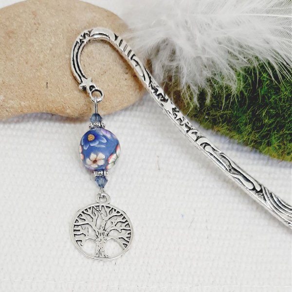 personalisierbares Lesezeichen Lebensbaum versilbert und handgefertigte Perle blau violett