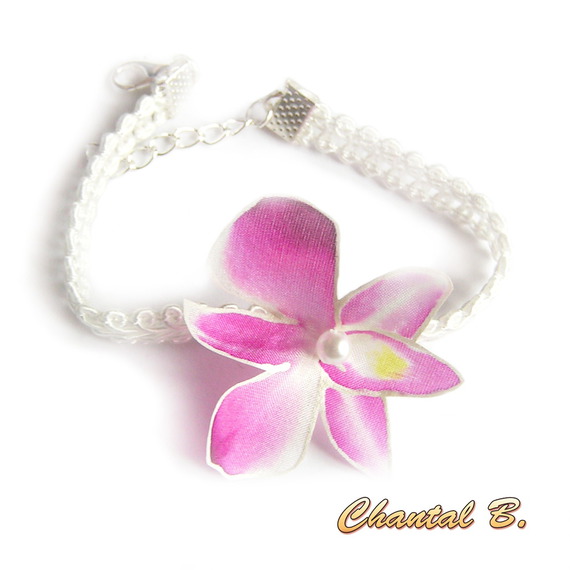 Orchideen-Armband anpassungsfähig in Haarband weiße Guipure-Spitze und seine Blume Seidenorchidee rosa Hochzeit