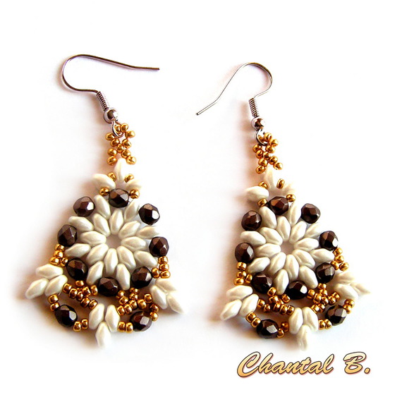 boucles d'oreilles perles cristal boheme bronze et or