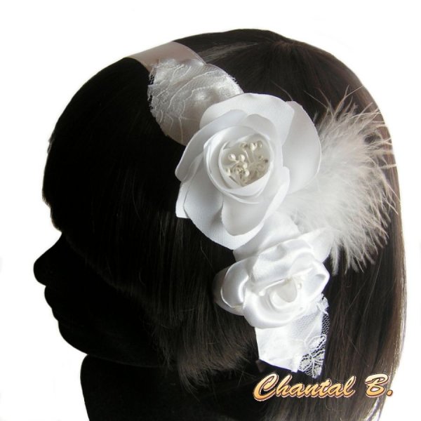 Haarband Hochzeit Zeremonie wei&szlig; Blumen Satin Spitze Federn