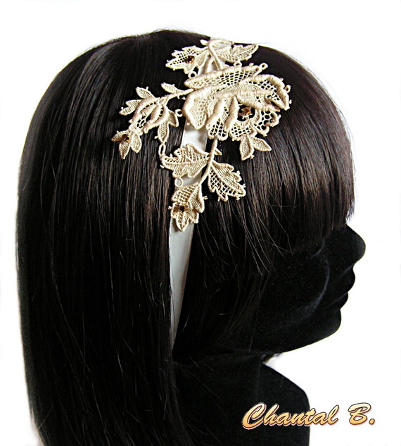 Haarband Hochzeit Elfenbein Spitze Kopfband Melissa rosa in Elfenbein Guipure mit Goldperlen bestickt