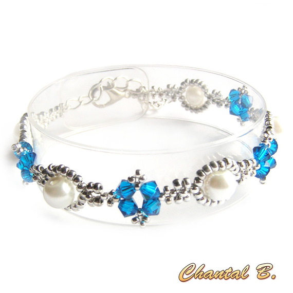 Armband swarovski Kristall blau Perlmuttperlen und Silber gewebt