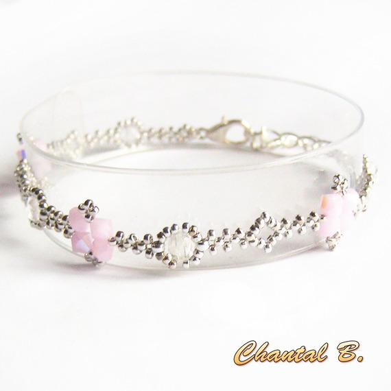 swarovski Armband gewebte Perlen swarovski rosa AB boheme Kristall und Silber romantische Hochzeit