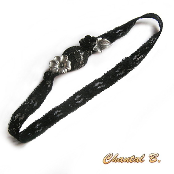 headband bandeau cheveux dentelle noire bouton et fleurs noir et argent