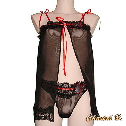 Dessous Valentinstag Negligé-Set schwarz Seide Schmetterling rot Alix