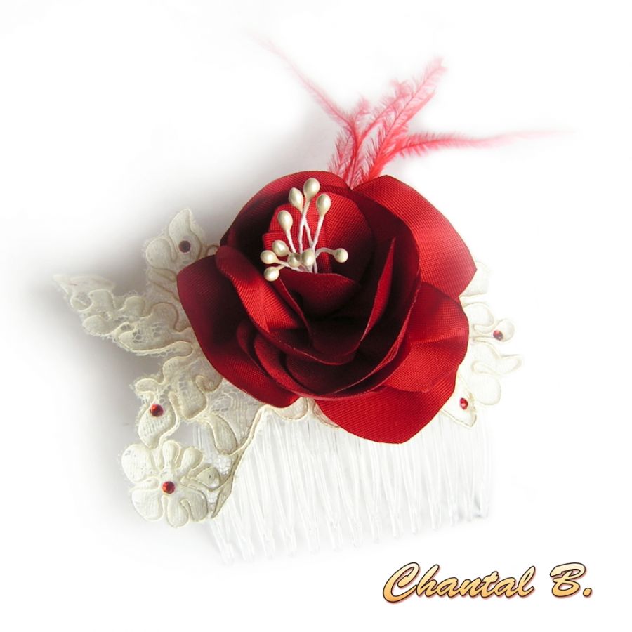 Haarkamm Hochzeit Blume Satin rot Federn Spitze Elfenbein