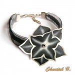 Armband schwarzes Band Pailletten und seine Blume schwarze Seide und Silber handbemalt