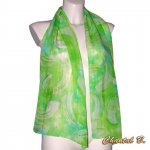 foulard écharpe mousseline de soie vert turquoise et fils dorés peint à la main